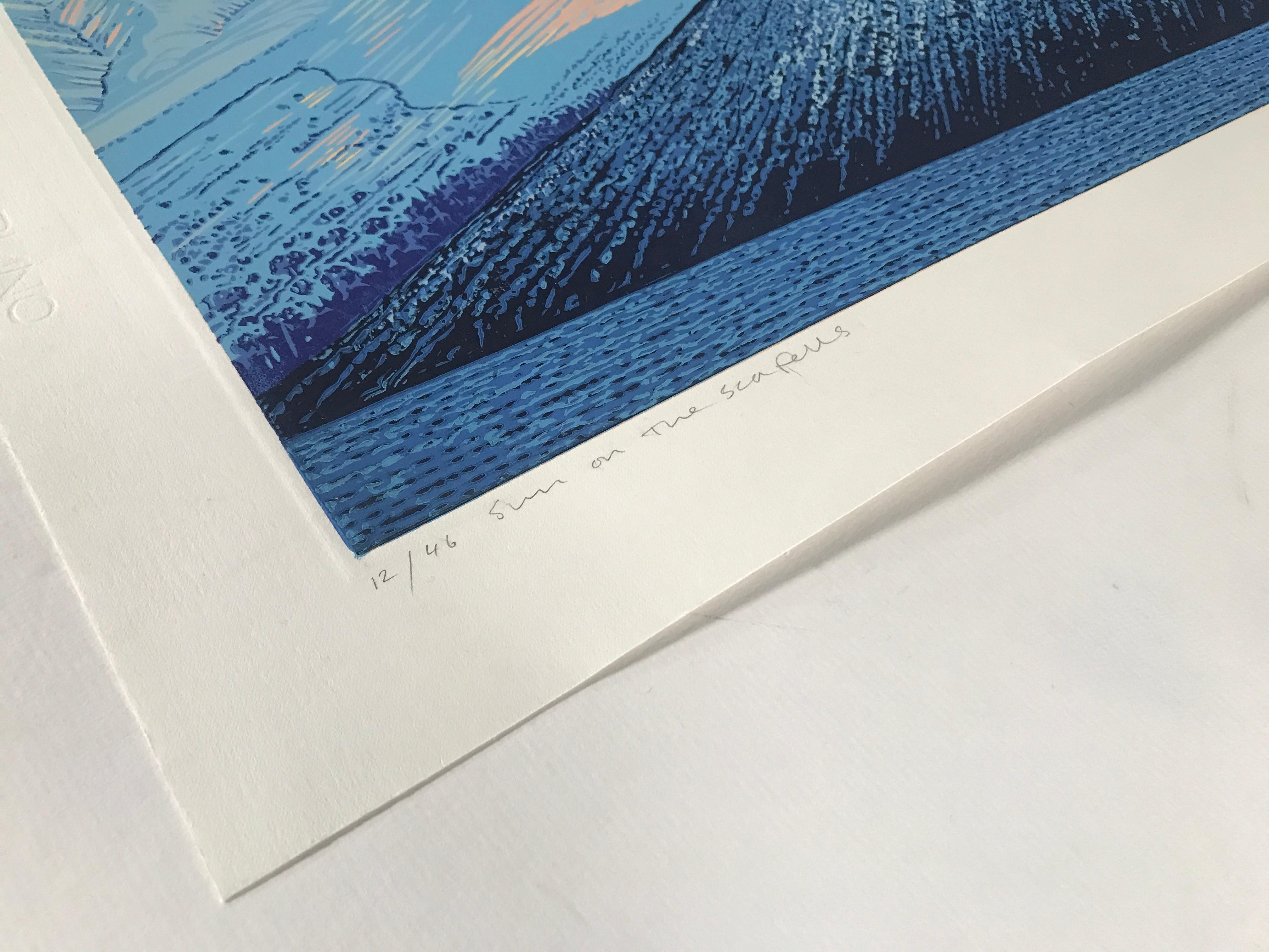 Sun on the Scafells, Lake District, Linoprint, Contemporary Landscape Nature art - Contemporain Print par Mark Pearce