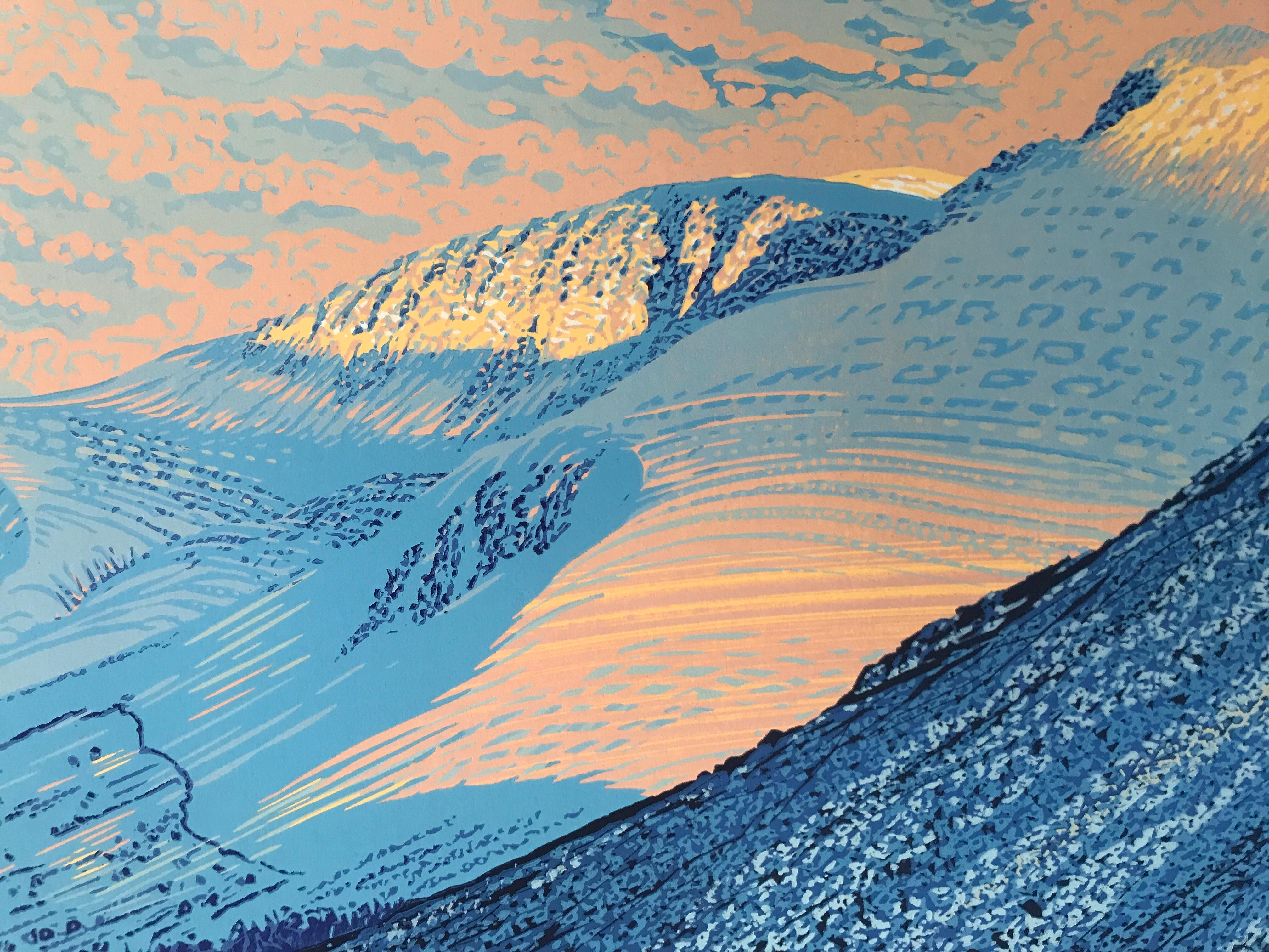 Sol en los Scafells, Distrito de los Lagos, Linoimpresión, Paisaje contemporáneo Arte de la naturaleza - Landscape Print Gris de Mark Pearce