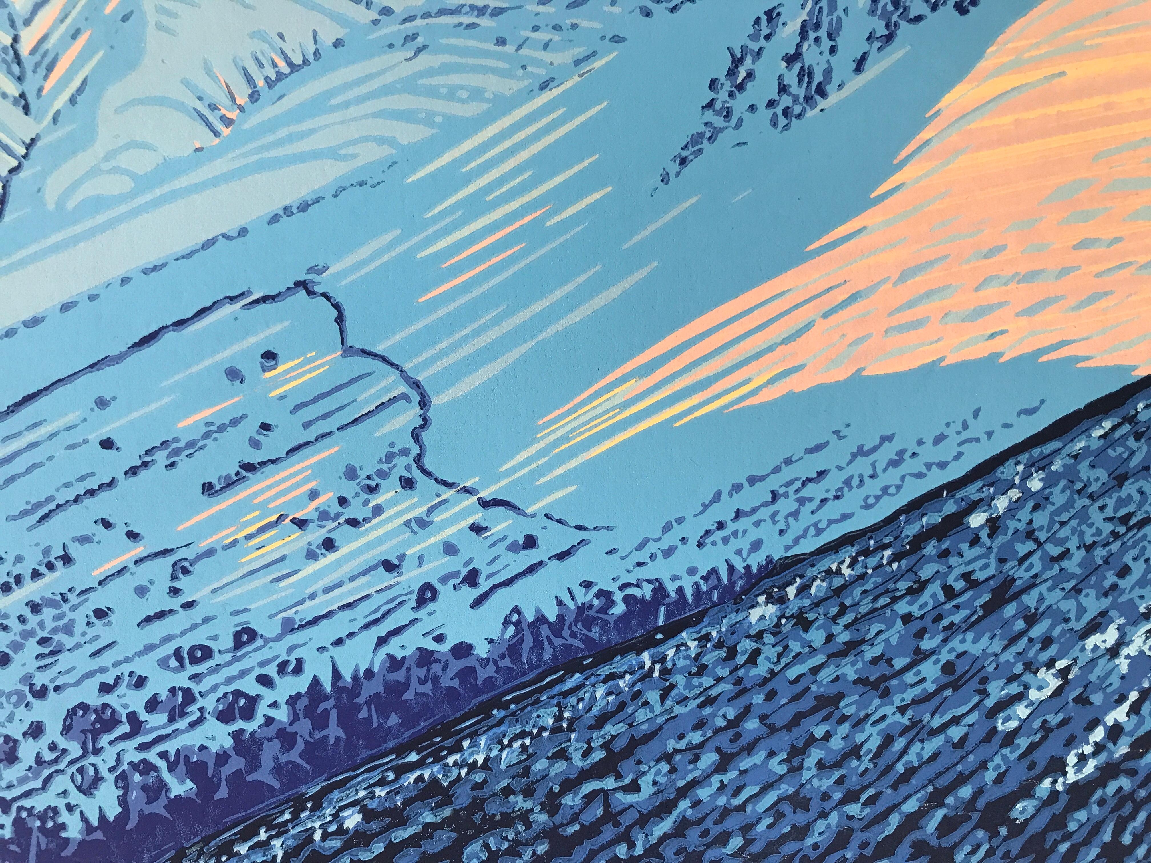 Sun on the Scafells, Lake District, Linoprint, Contemporary Landscape Nature art For Sale 4