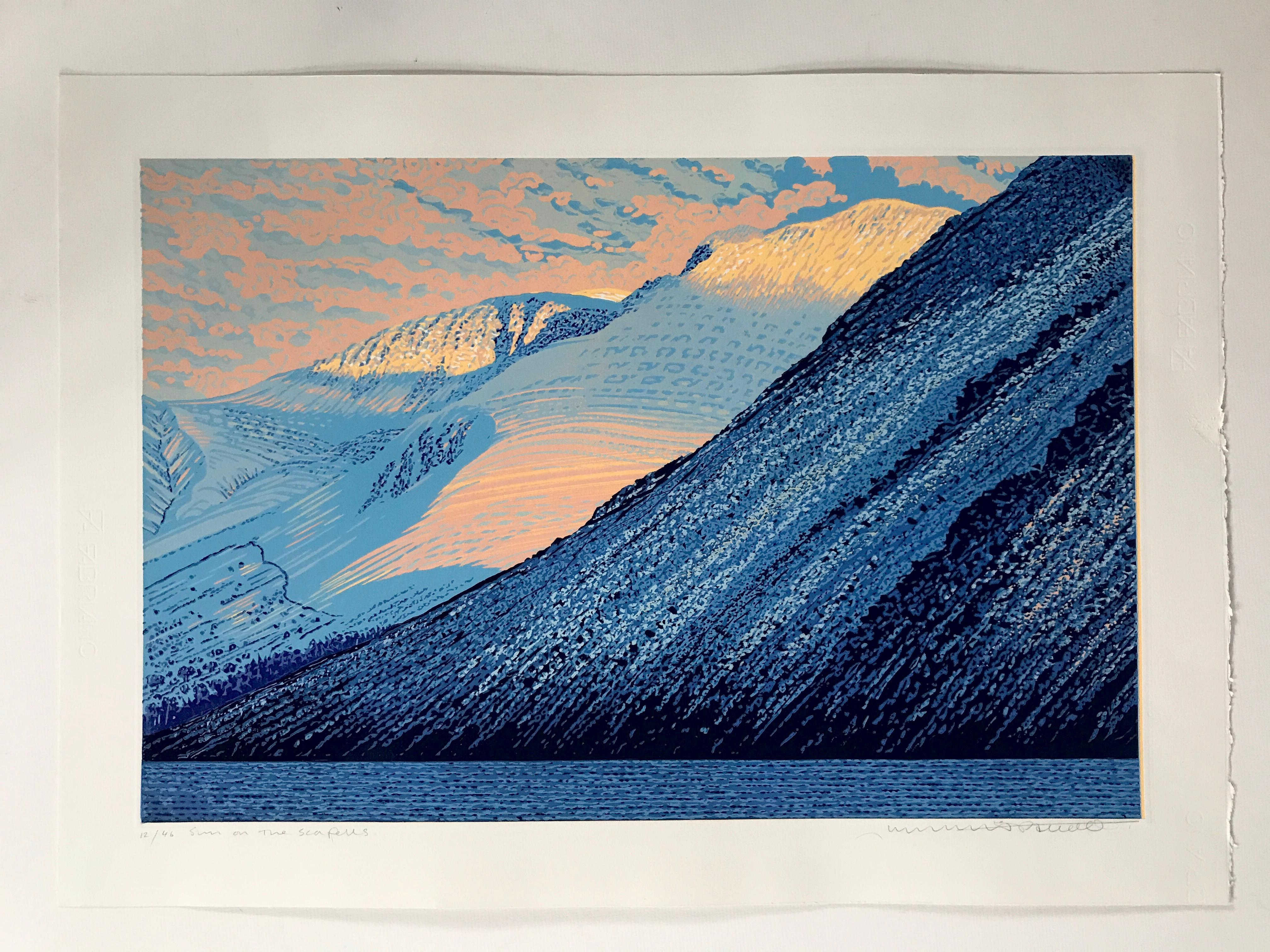 Sun on the Scafells, Lake District, Linoprint, Contemporary Landscape Nature art en vente 4