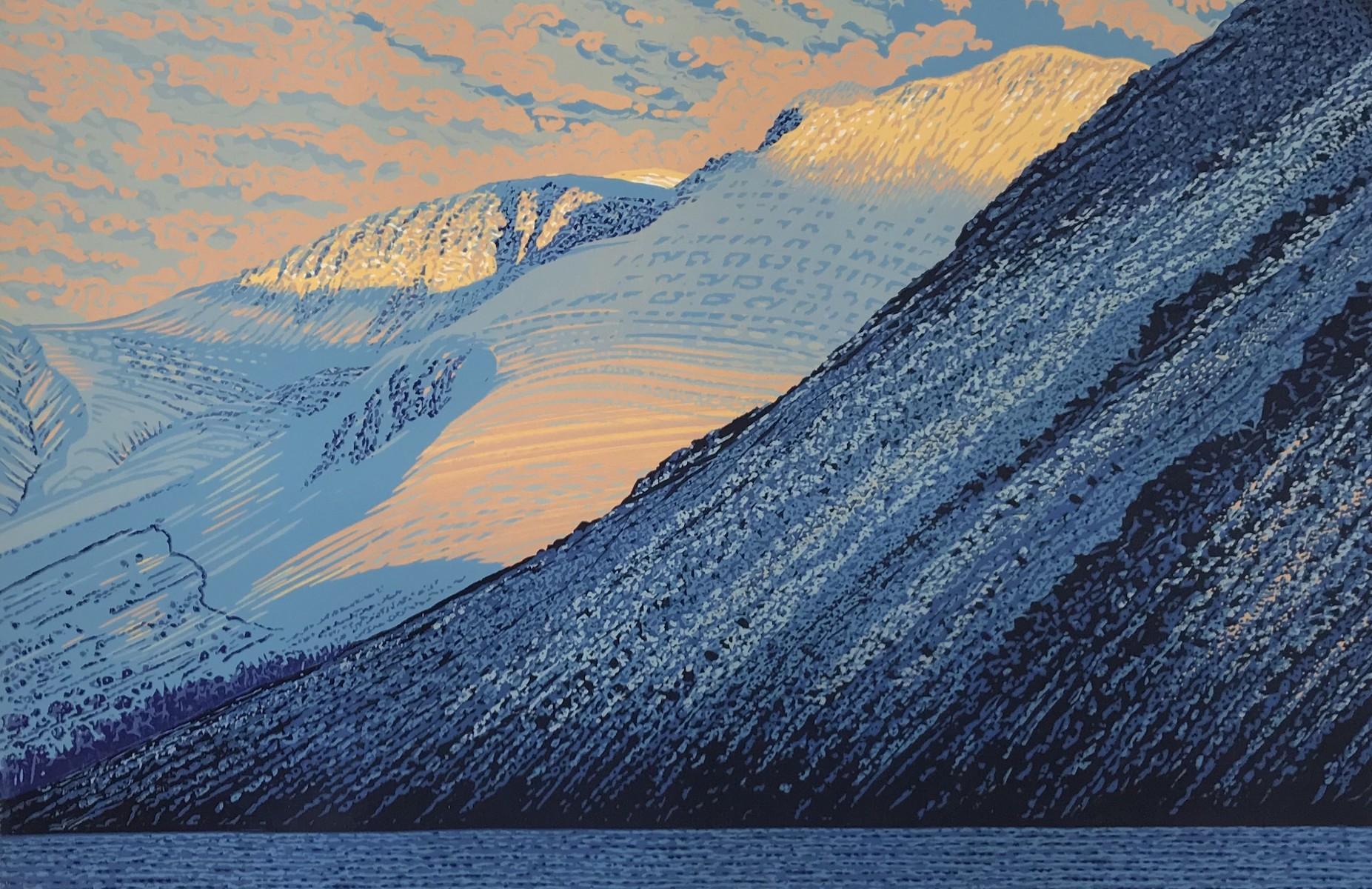 Mark Pearce Landscape Print – Sun on the Scafells, Lake District, Linoldruck, Contemporary Landscape Nature art