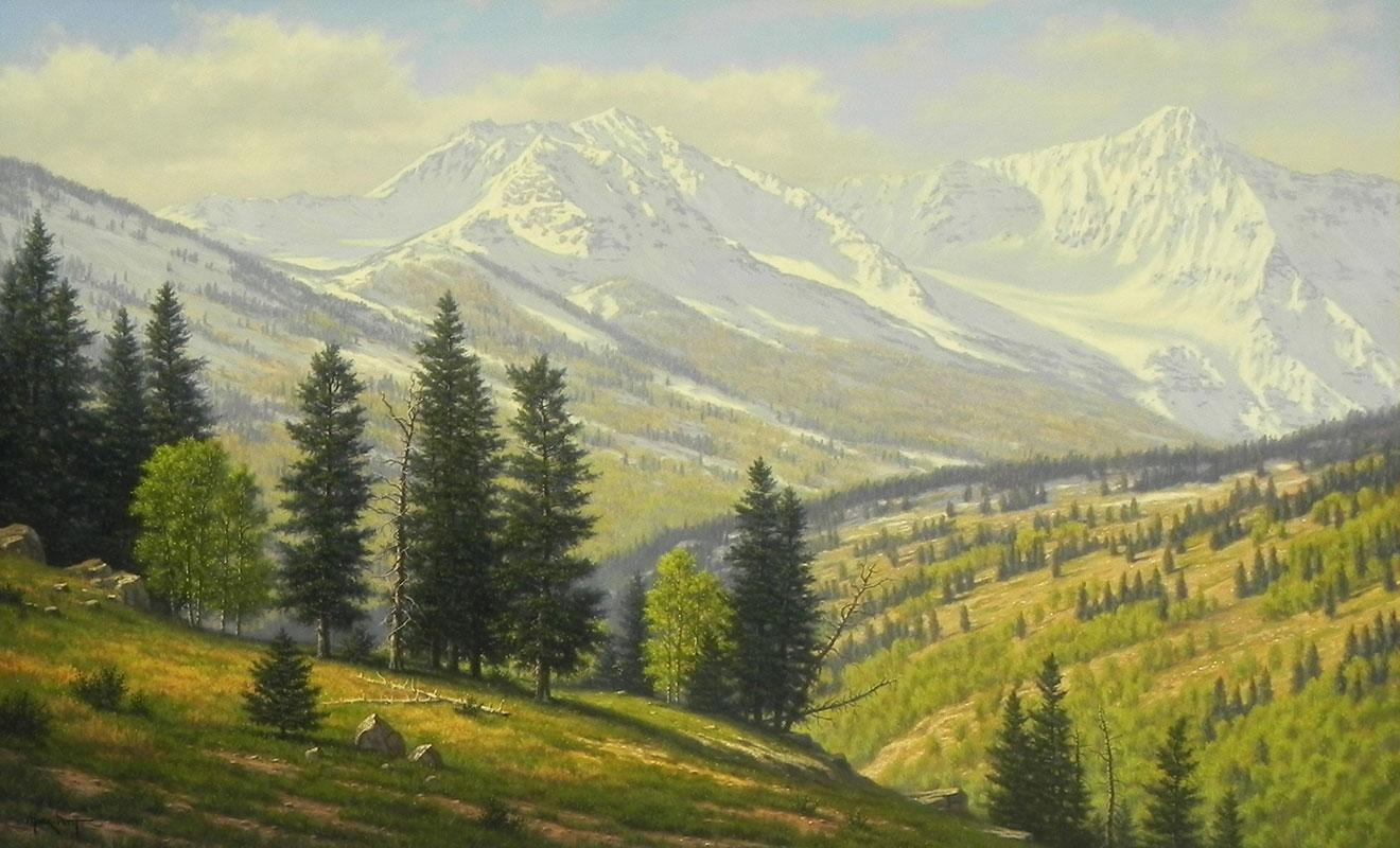 "Mears Peak" de Mark Pettit (né en 1955) est une huile originale sur toile qui mesure 30x46 pouces. La peinture réaliste est une vue de la montagne de Mears Peak située dans le Colorado. Deux montagnes enneigées se dressent derrière des collines