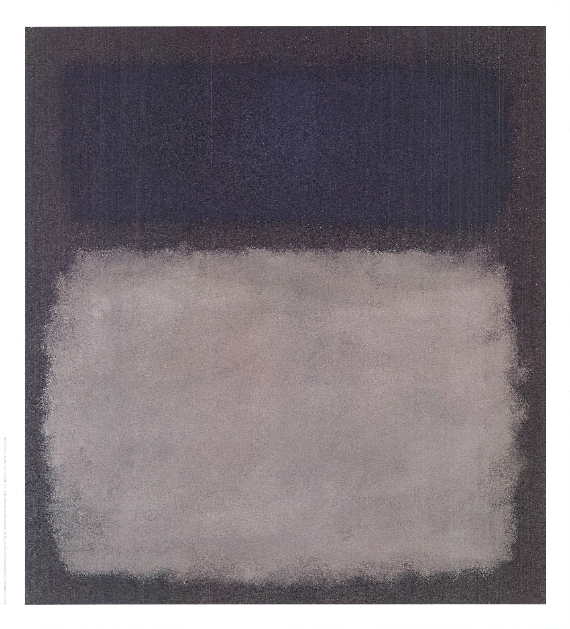 This high-quality reproduction poster of Mark Rothko's Blue & Grey (1962) was published and designed by the Beyeler Foundation in Basel, Switzerland. The artwork features a subtle contrast between dark blue and grey on a slate background, capturing
