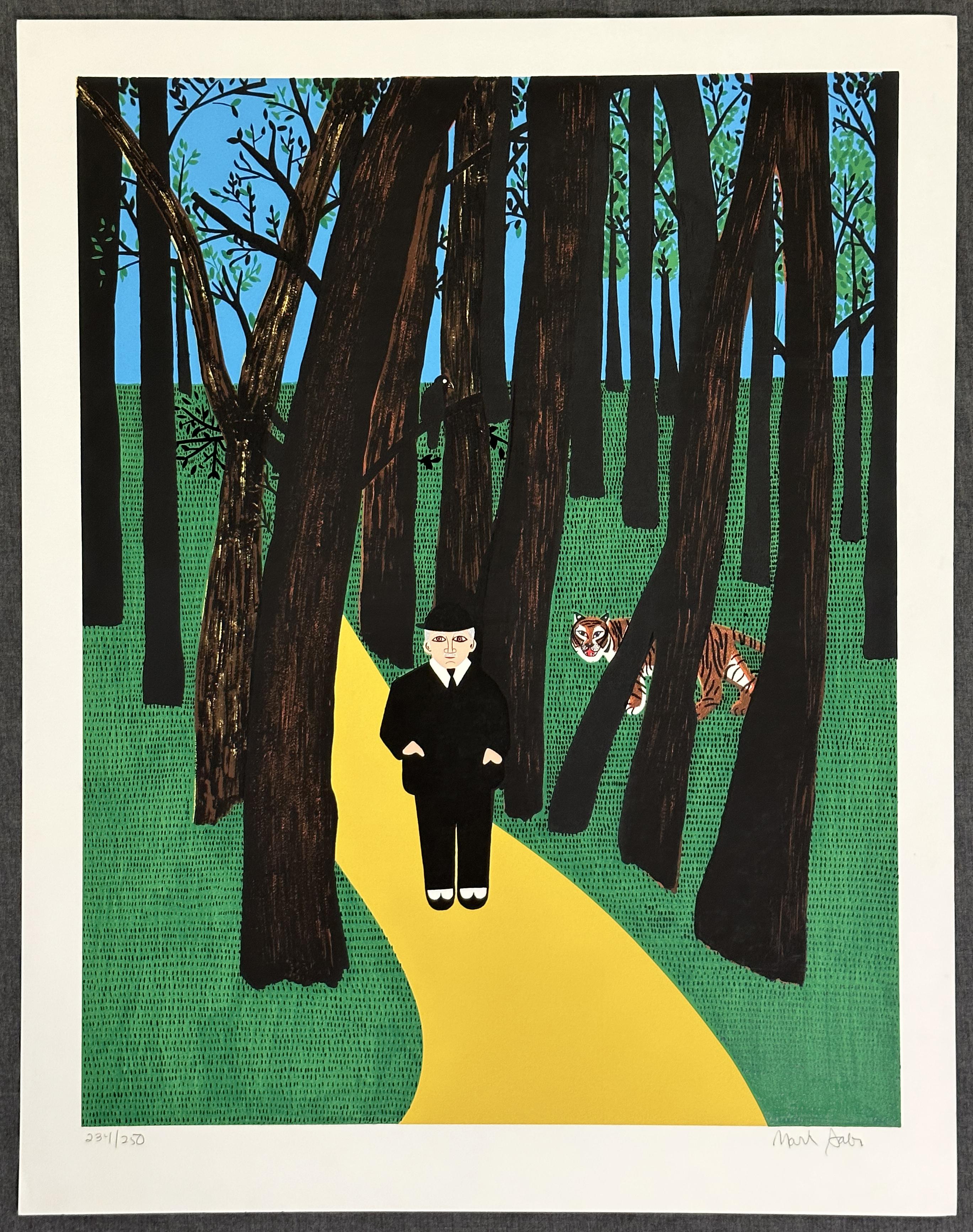 Der Mann im Wald 1980 Großer signierter Siebdruck – Print von Mark Sabin 