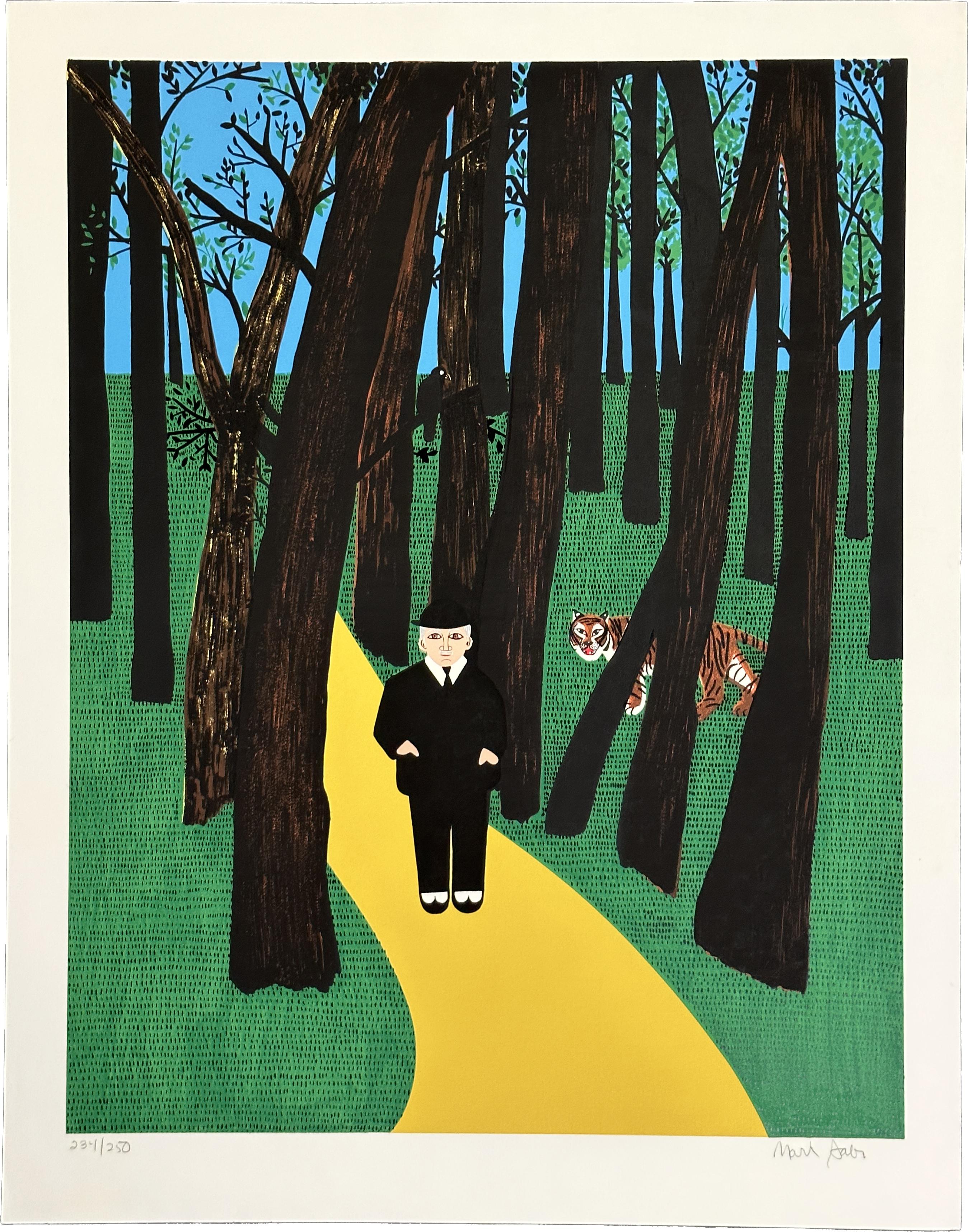 Mark Sabin  Animal Print – Der Mann im Wald 1980 Großer signierter Siebdruck