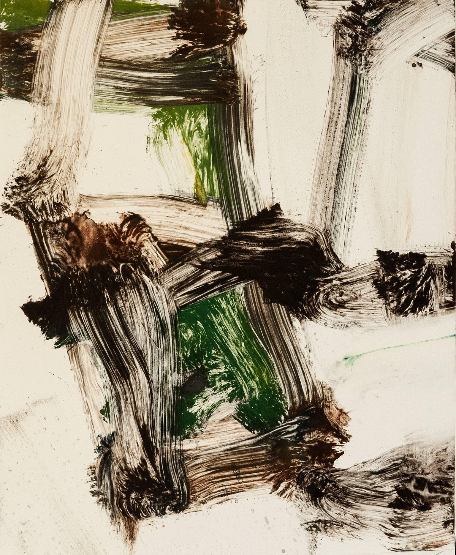 Mark Saltz Abstract Print – "July Series #19", painterly abstract expressionist monoprint, green, umber.