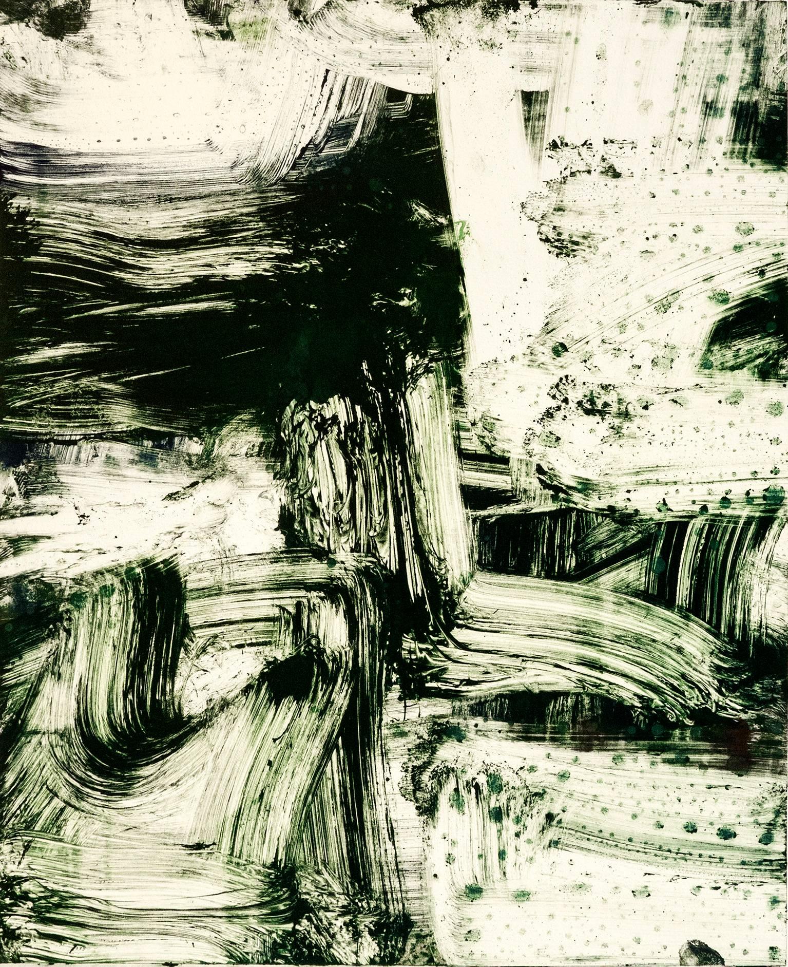 Mark Saltz Abstract Print - “July Series #31, Painterly abstract expressionist monoprint, deep green black.