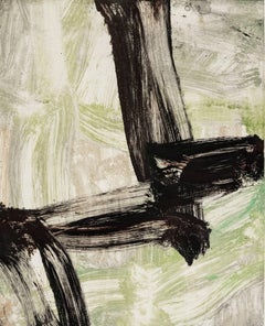 "July Series #49", painterly abstract print with burnt umber, greens, grays. 