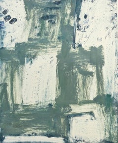 "July Series #56", painterly abstract expressionist monoprint, sea green, blues.
