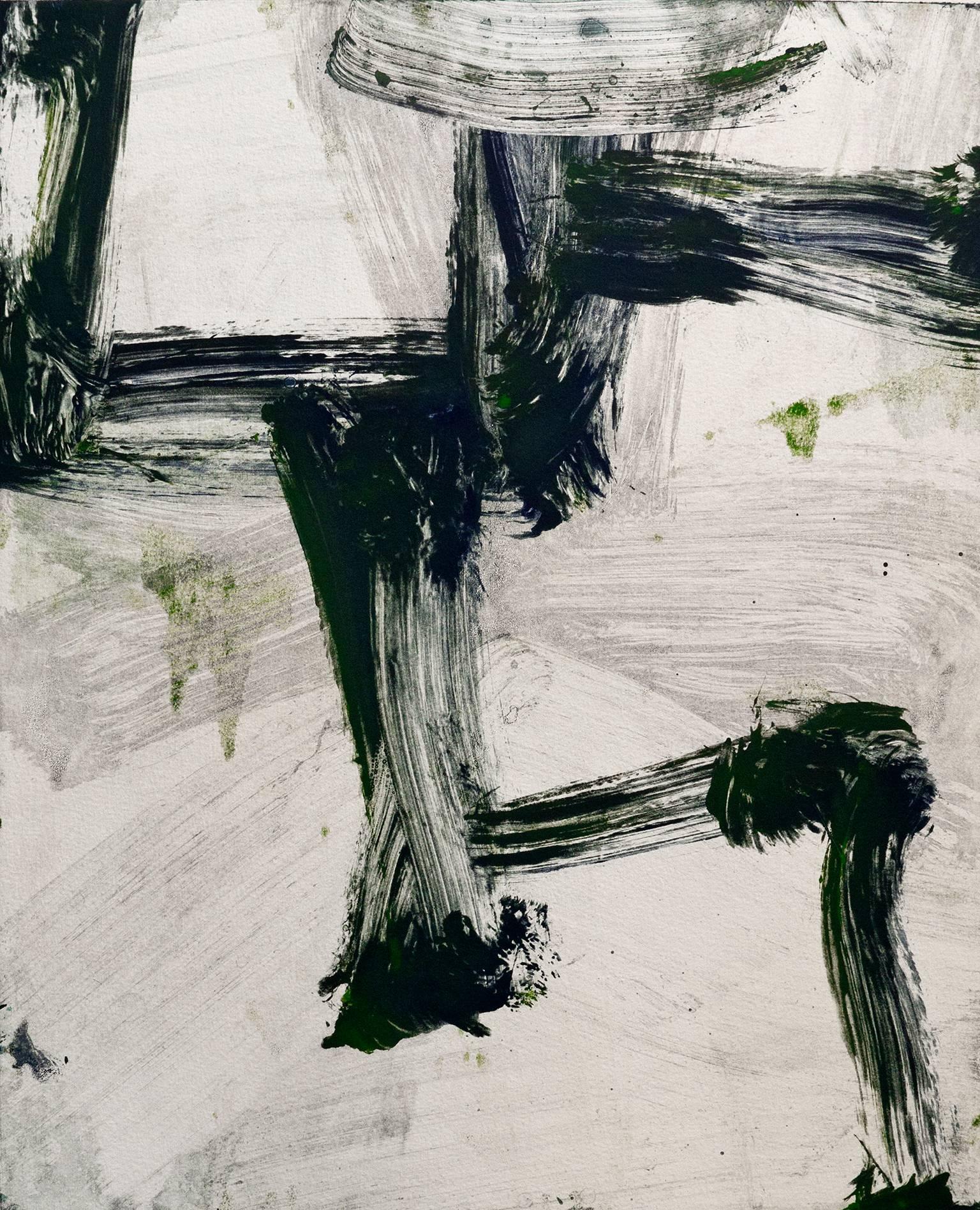 Mark Saltz Abstract Print – "July Series Seven", painterly abstract expressionist print, black, gray, green.