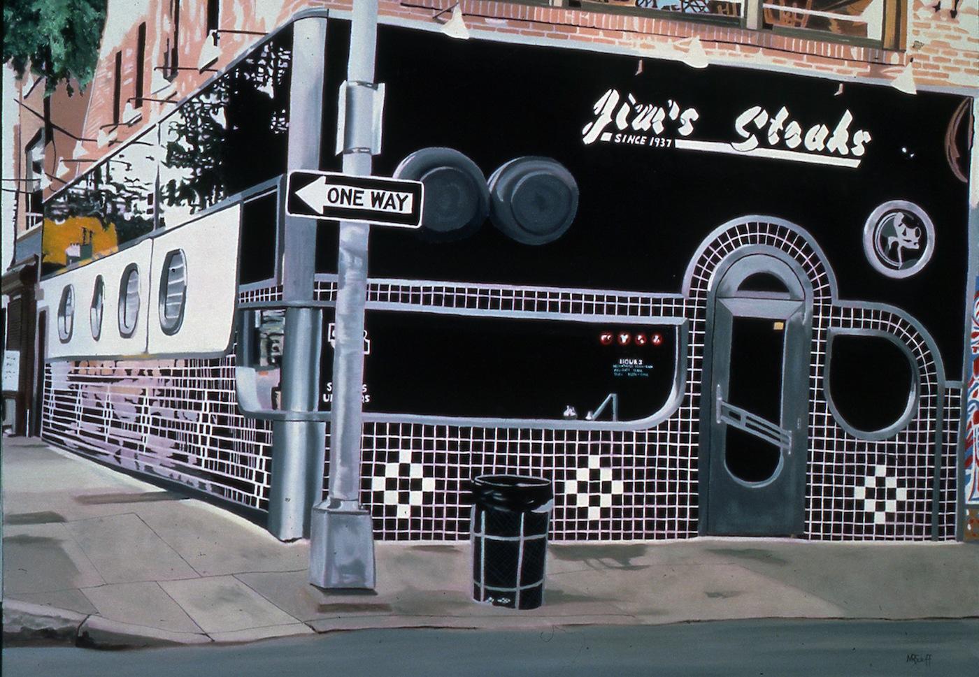 Jim's Steaks  Philadelphia Iconic Restaurant - American Realist Painting by Mark Schiff
