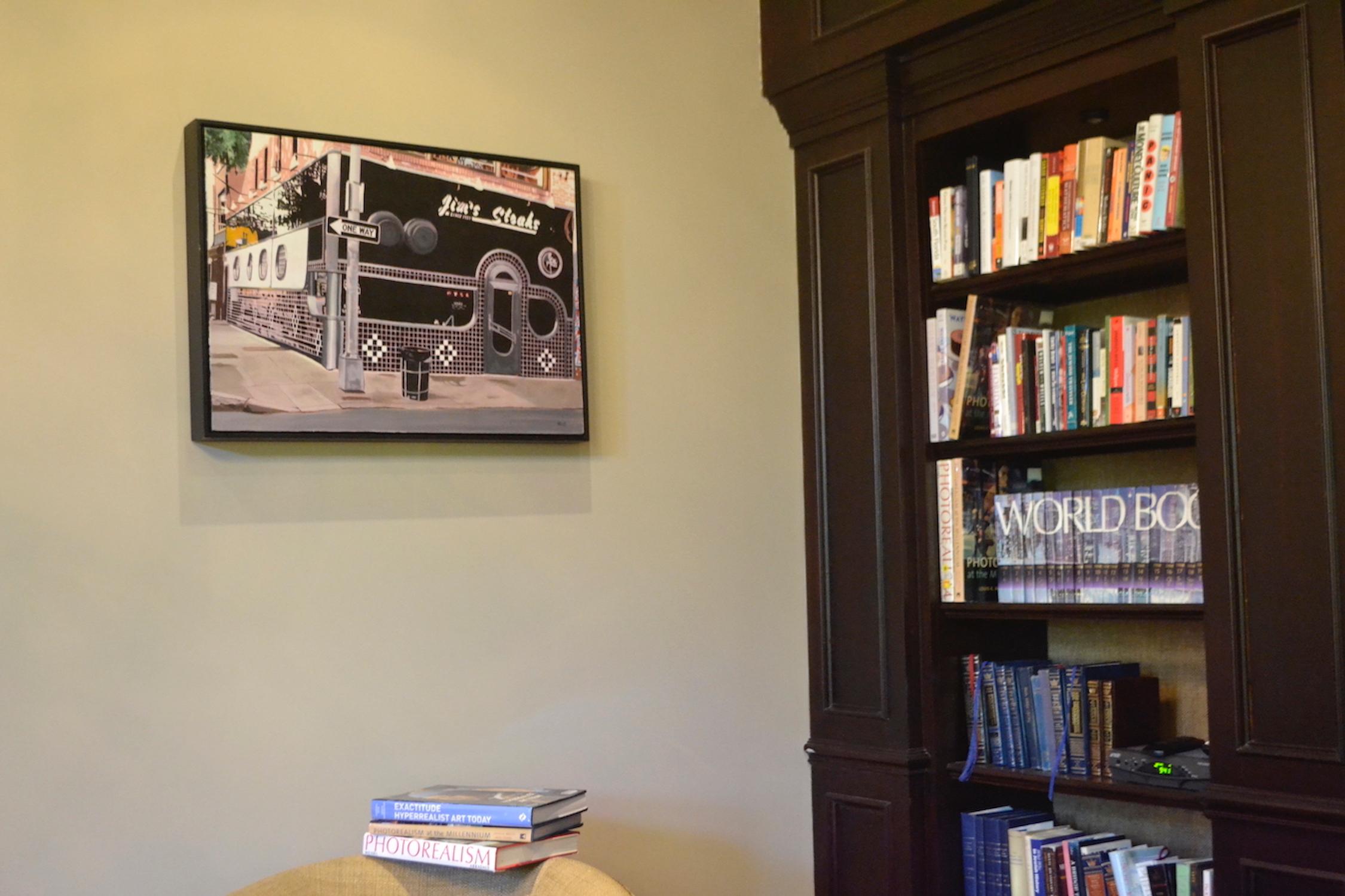 Jim's Steaks  Philadelphia Iconic Restaurant - Black Still-Life Painting by Mark Schiff