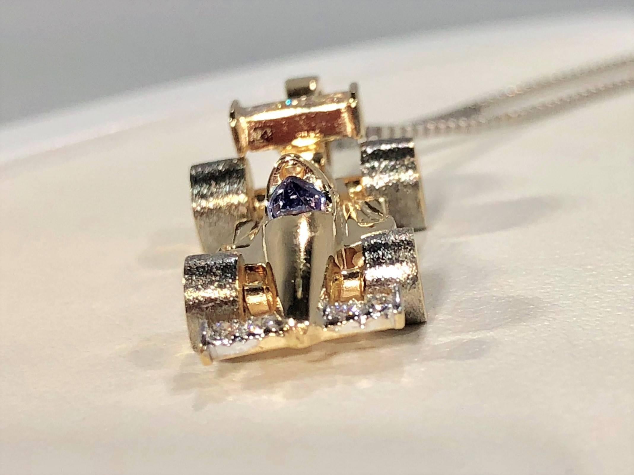 Mark Schneider Limited Creation 14 Karat Diamond and Tanzanite Indy Car Pendant In Excellent Condition In Mansfield, OH