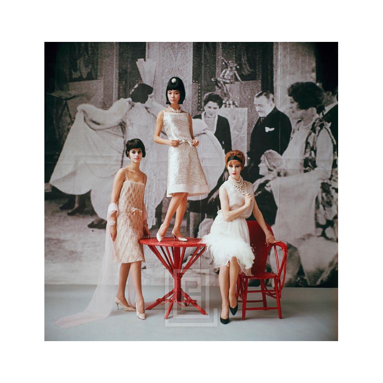 Mark Shaw Color Photograph - 1920's Backdrop, Three White Cocktail Dresses, 1961