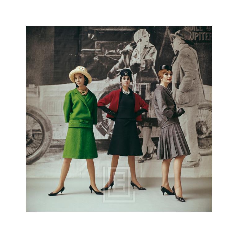 Mark Shaw Color Photograph - 1920's Backdrop, Vert Gazon, Gavroche, and Flirt by Dior, 1961