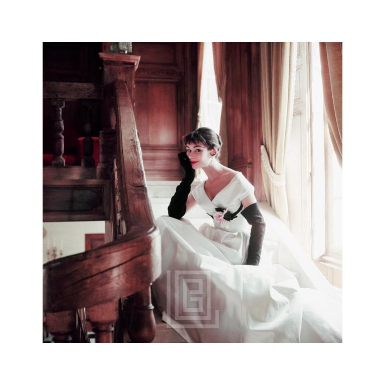 Mark Shaw Figurative Photograph - Anne Gunning, Fath White Ball Gown with Black Gloves, Up Close1953