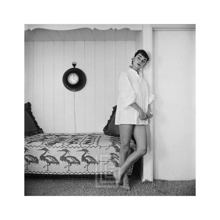 Mark Shaw Portrait Photograph - Audrey Hepburn at Home, Heron Day Bed, Glances Away, 1954