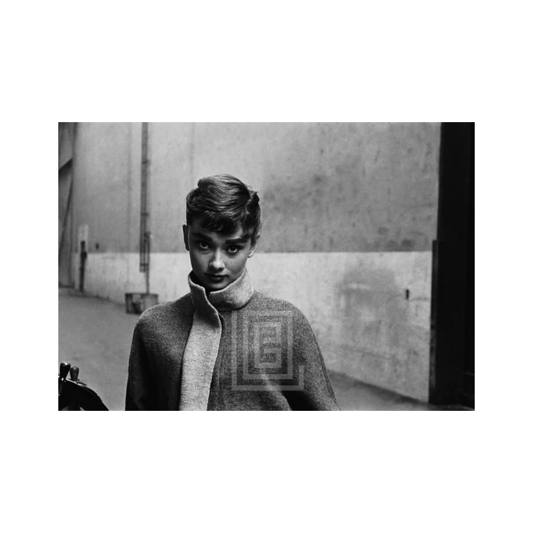 Mark Shaw Portrait Photograph – Audrey Hepburn mit grauem Rollkragenpullover, Chin Down, 1953