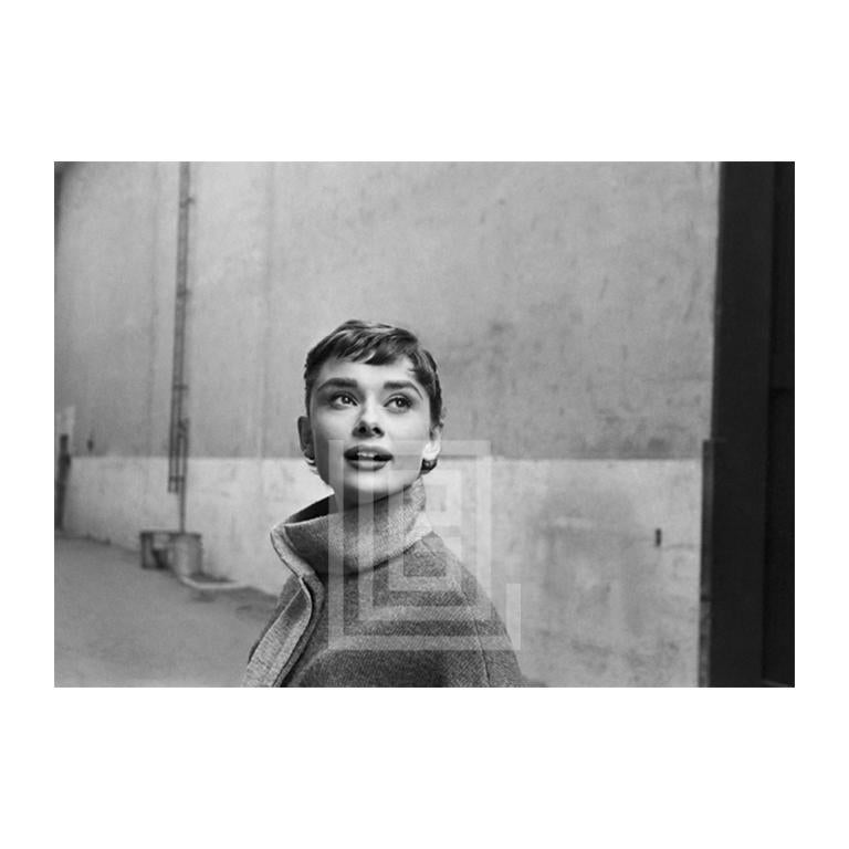 Mark Shaw Portrait Photograph - Audrey Hepburn in Grey Turtleneck Sweater, Looking Up, 1953