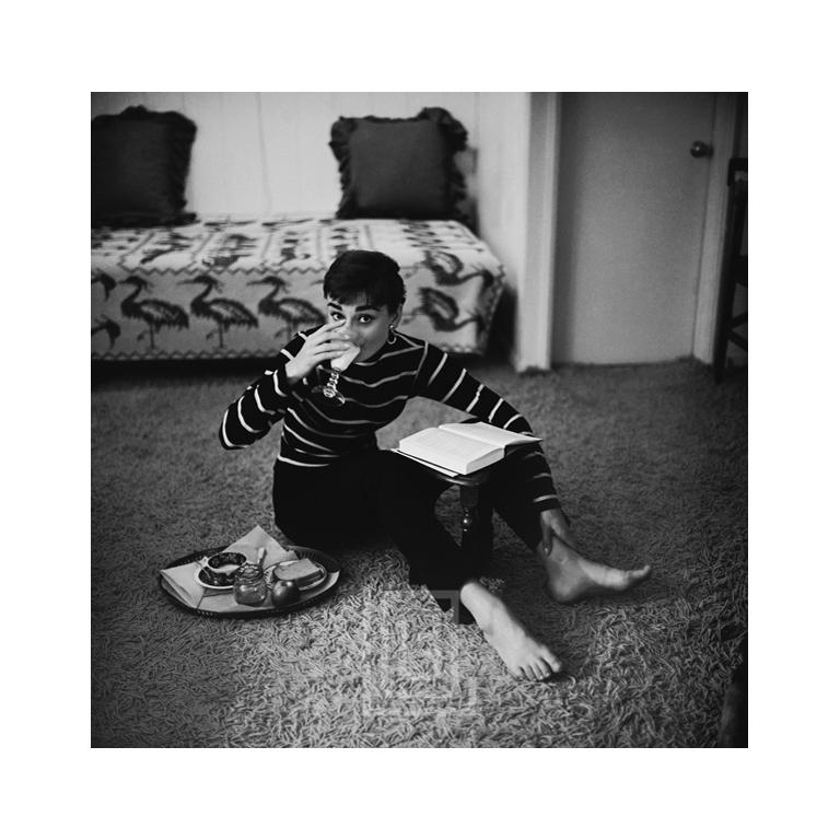 Mark Shaw Black and White Photograph - Audrey Hepburn in Striped Sweater, 1954