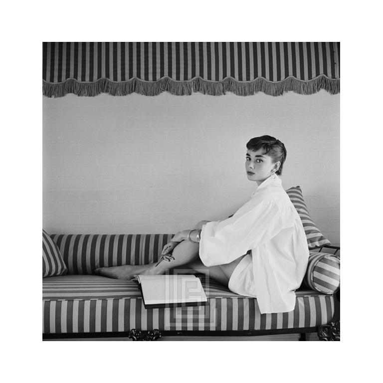 Mark Shaw Portrait Photograph - Audrey Hepburn on Striped Sofa, Hugs Knee, 1954