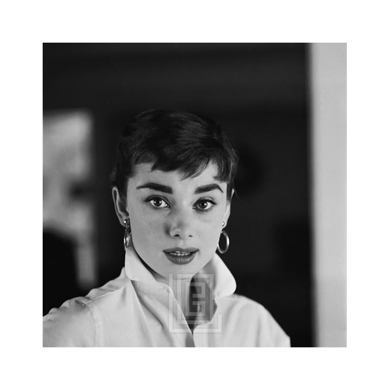 Mark Shaw Black and White Photograph - Audrey Hepburn White Shirt Portrait, Lips Parted, 1954
