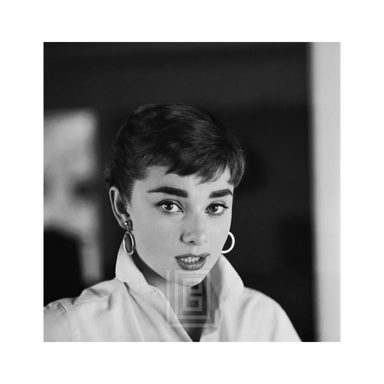 Mark Shaw Black and White Photograph - Audrey Hepburn White Shirt Portrait, Nods Lips Parted, 1954