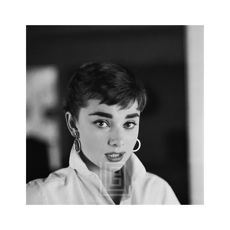 Mark Shaw Portrait Photograph - Audrey Hepburn White Shirt Portrait, Nods Lips Parted, 1954