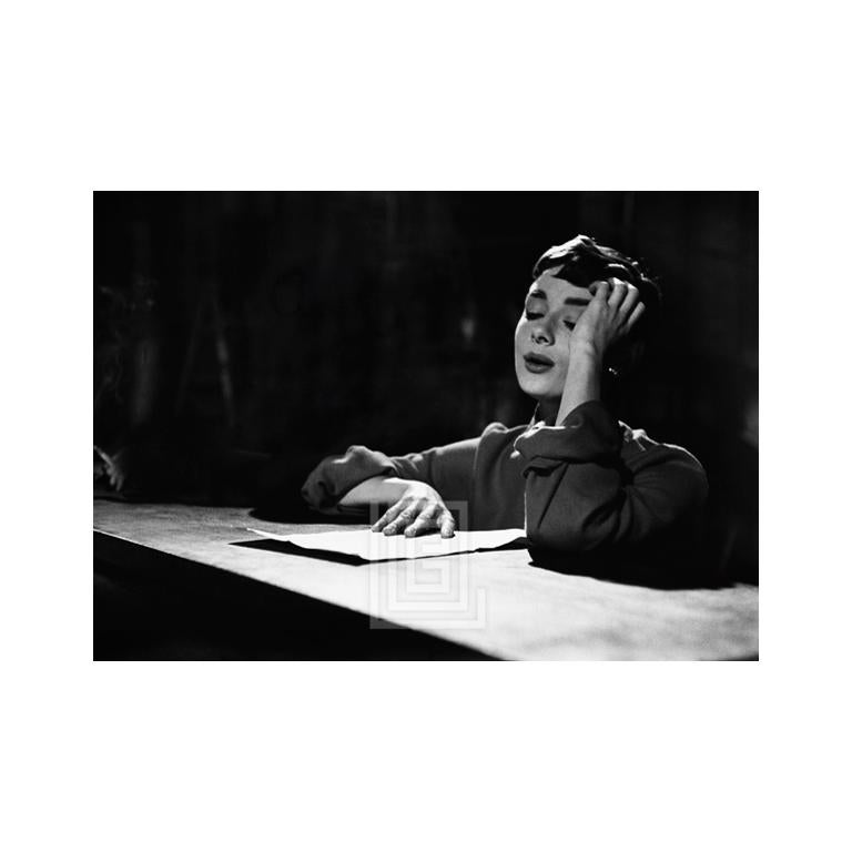 Mark Shaw Portrait Photograph - Audrey on Set of Sabrina, Practices Lines, 1953