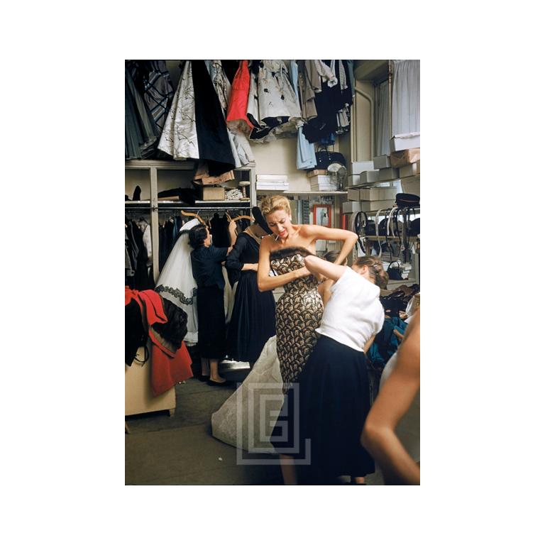 Mark Shaw Color Photograph - Backstage Balmain Getting Zipped, 1954