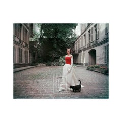 Vintage Balenciaga Red and White Satin with Black Cat, 1955