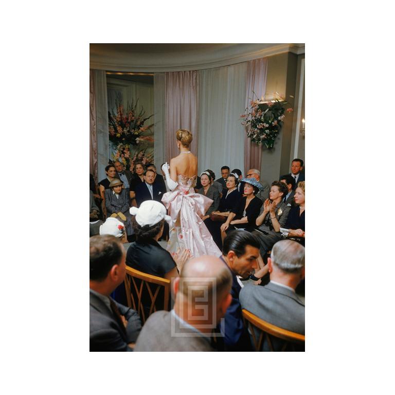 Mark Shaw Color Photograph - Balmain Salon, Back View of White Gown, 1954