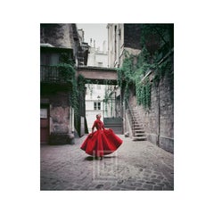 Retro Chanel Red Velvet Dinner Dress in Cour de Rohan, 1955