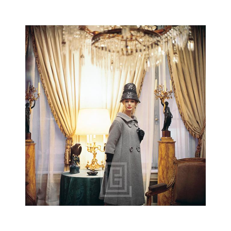 Mark Shaw Color Photograph - Designer's Homes, Dior Coat with Bucket Hat, 1960