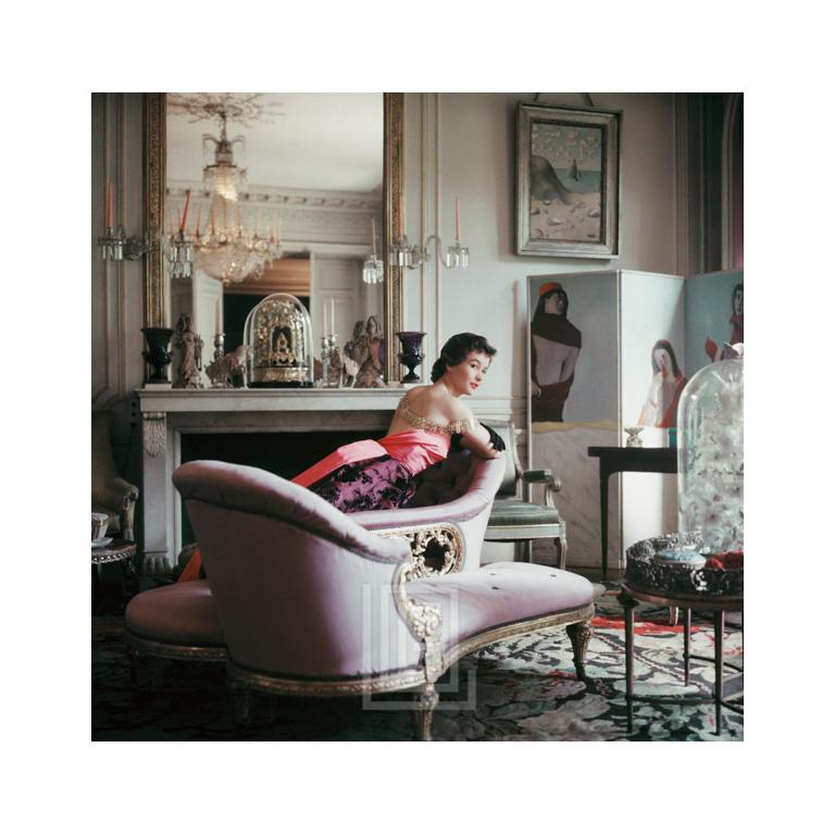 Mark Shaw Portrait Photograph - Designer's Homes, Ghislaine Lounges in Elsa Schiaparelli's Home, Back, 1953