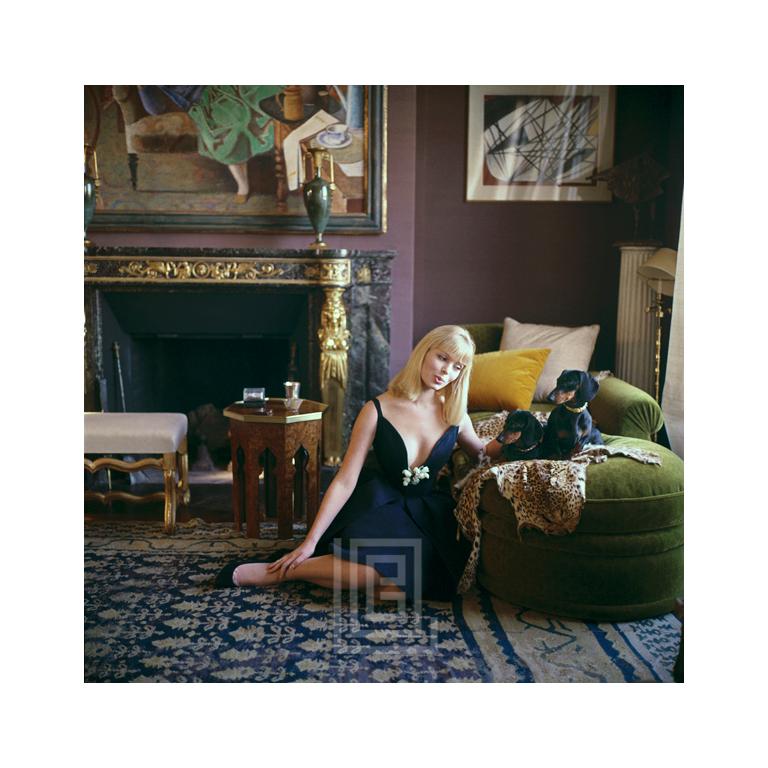 Mark Shaw Figurative Photograph – Designer-Wohnhäuser, Nico Sitting with Dachshunds Wears Dior, 1960