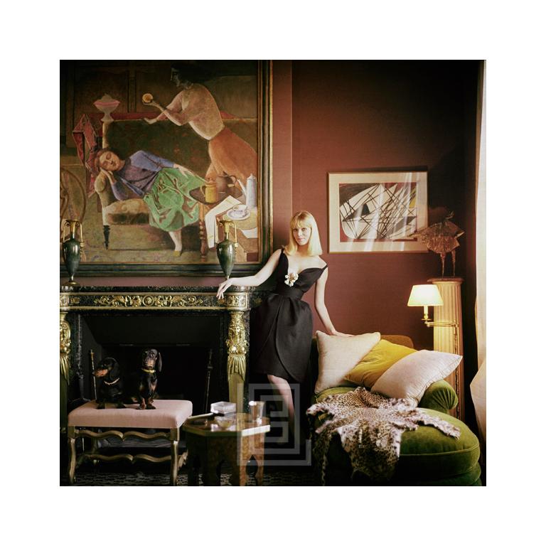 Figurative Photograph Mark Shaw - Designer's Homes, Nico Stands with Dachshunds, Wears Dior, 1960