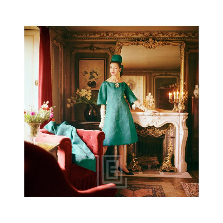 Mark Shaw Portrait Photograph - Designer's Homes, Teal Dior Gown in Gold Room, Red Furniture, 1960