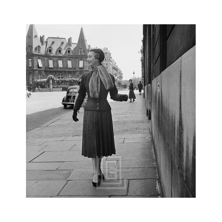 Mark Shaw Black and White Photograph - Dior Coq au Vin ensemble, Paris 1953.