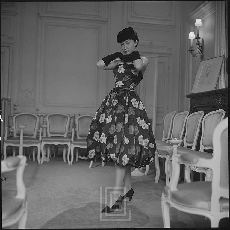 Mark Shaw Black and White Photograph - Dior model Mauviette wearing "shortest of the season" dress, LIFE Magazine, 1953