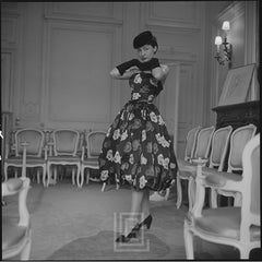 Vintage Dior model Mauviette wearing "shortest of the season" dress, LIFE Magazine, 1953
