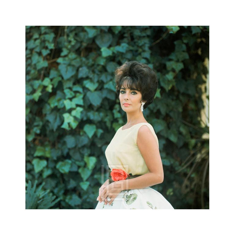 Portrait Photograph Mark Shaw - Elizabeth Taylor en mousseline de soie jaune, vue latérale 1, 1961