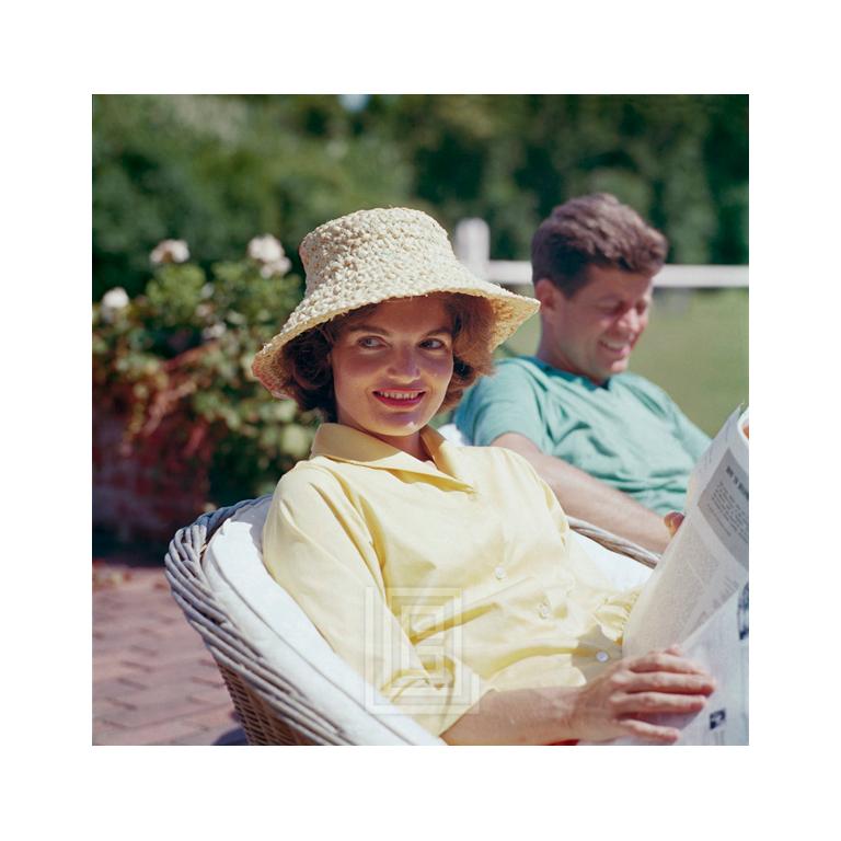 Mark Shaw Portrait Photograph - Kennedys, Jackie in Straw Hat, JFK Smiling, 1959