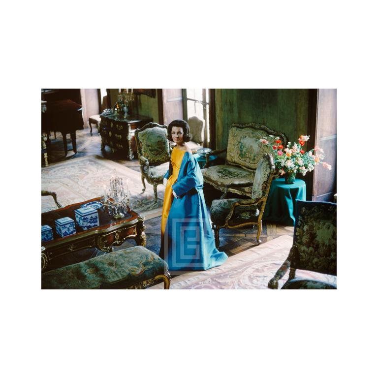 Mark Shaw Color Photograph - Lee Radziwill, Blue Cape in Brocade Room, 1962