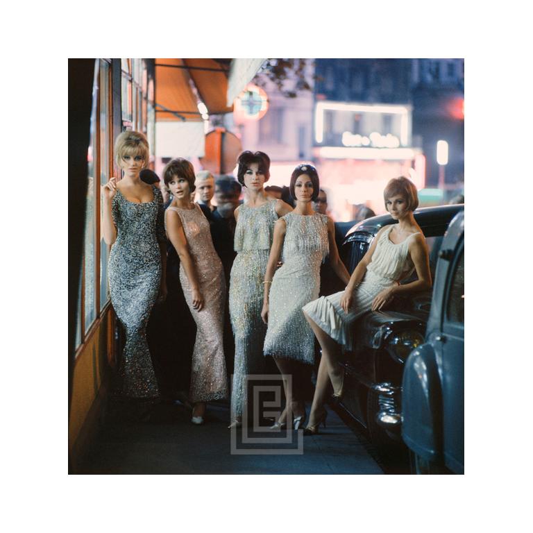 Mark Shaw Color Photograph - Mod Girl, Dior Sequined Dresses at Night, Paris, 1961