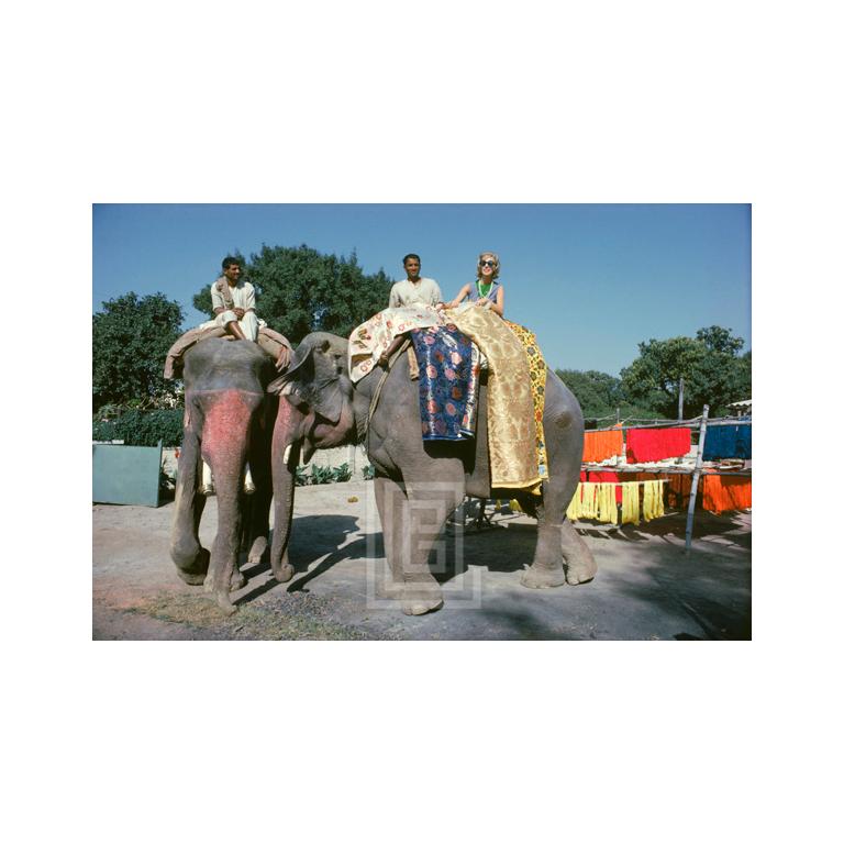 Color Photograph di Mark Shaw - Tiger Morse in blu su elefante, 1962