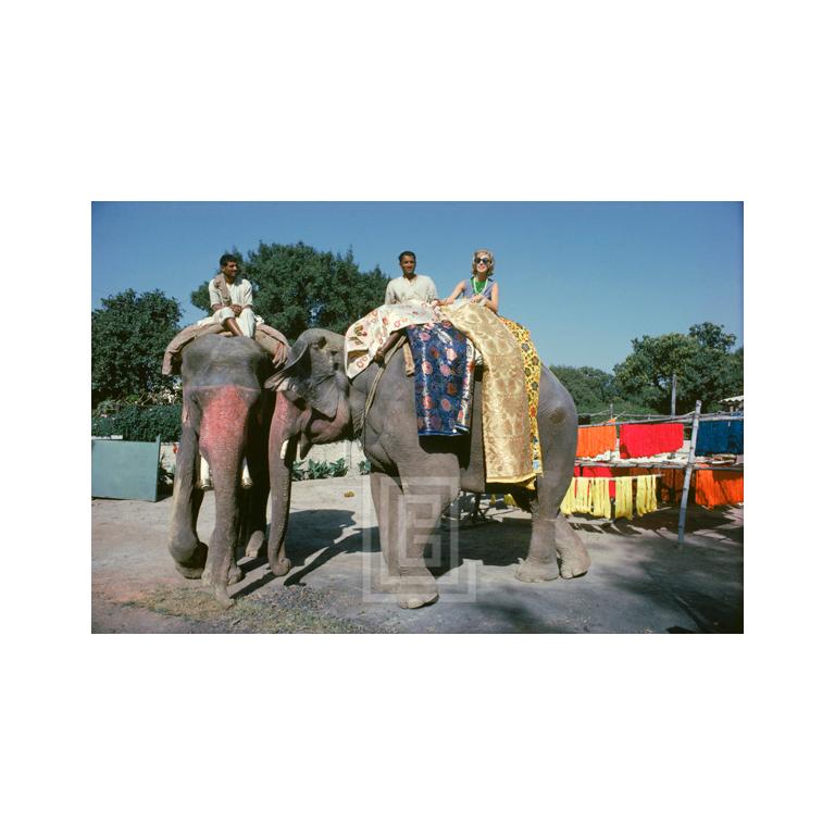 Mark Shaw Color Photograph - Tiger Morse in Blue on Elephant, 1962