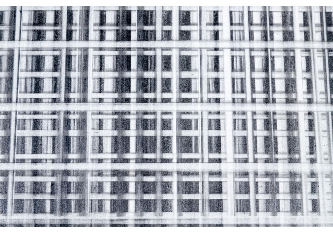 Mark Sheinkman is an American contemporary artist. His primary media are oil painting, drawing, and printmaking. 
This is a graphite on paper depicting a linear abstraction composition. 
Presented in a steel frame, surmounted on paper and covered