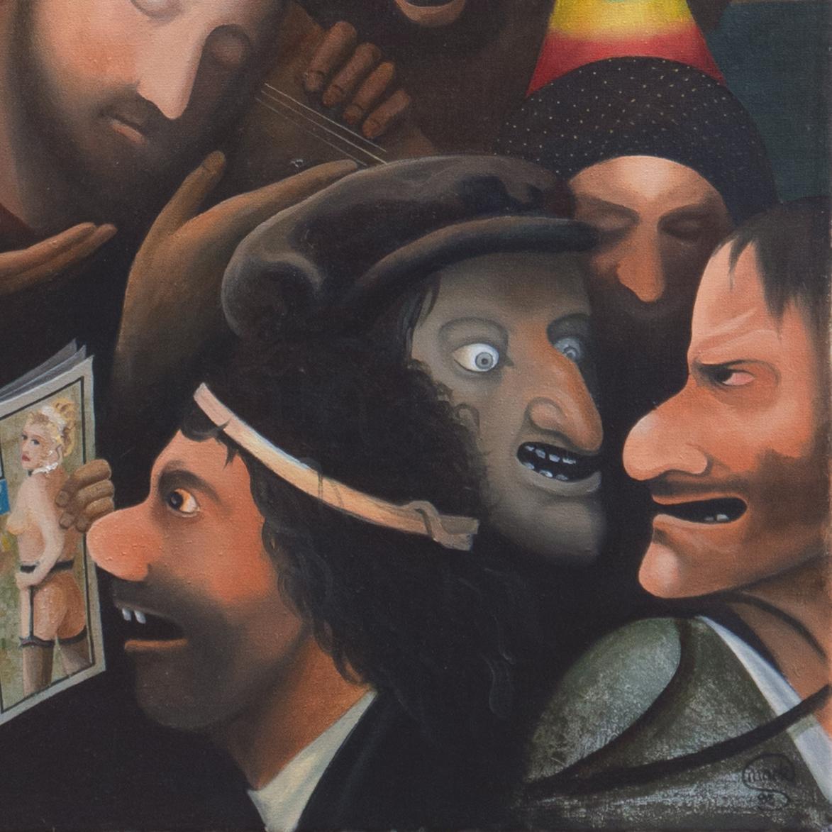 'Fancy Bringing that Thing on the Tube', Bosch, Royal Academy Summer Exhibition - Black Figurative Painting by Mark Shepherd