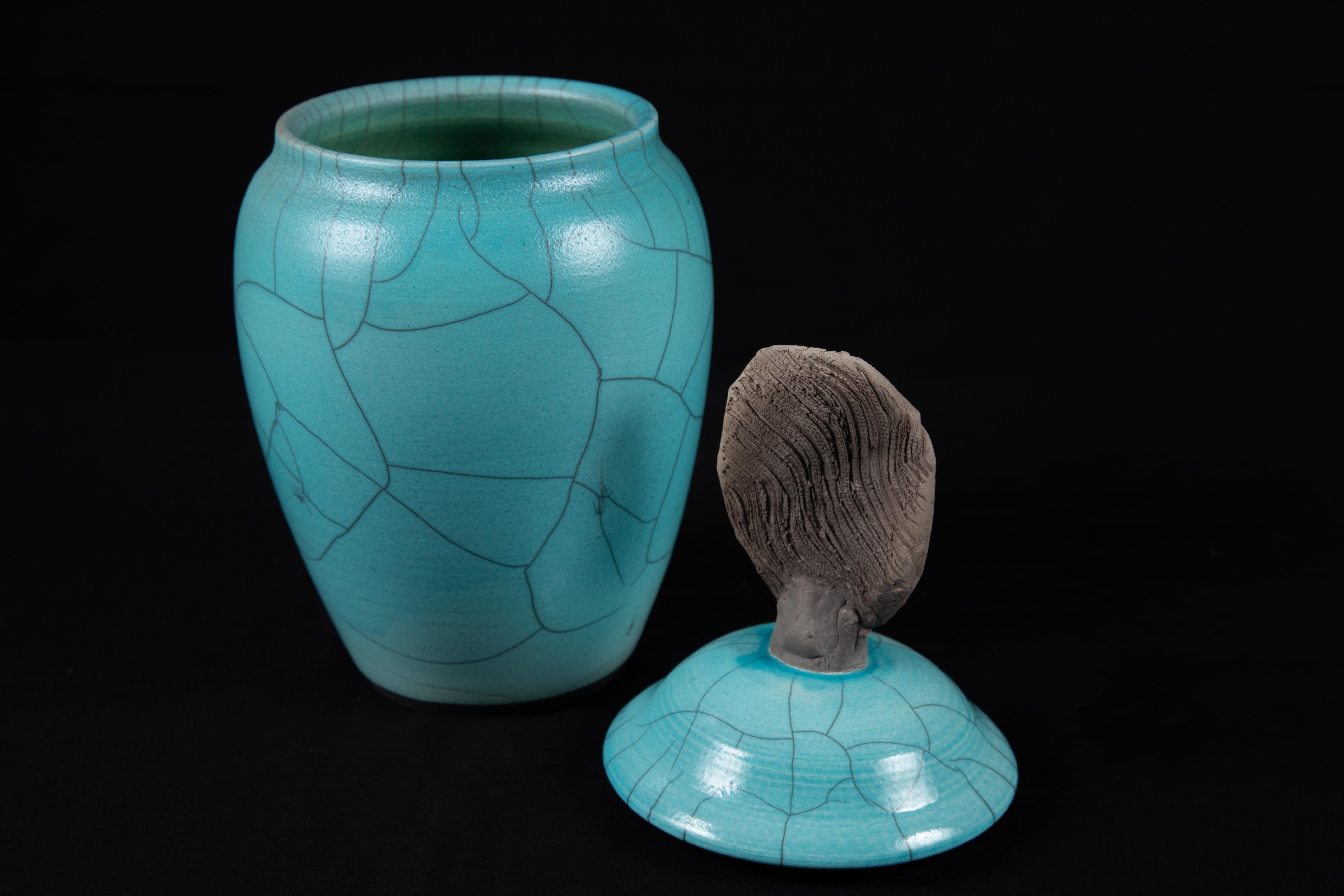 Abalone, Raku Ceramic Turquoise jar with lid, Western Art pottery - Sculpture by Mark Sherman
